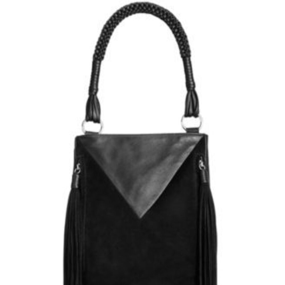 Sam Edelman Monica Leather Bucket Bag Black Snap Tassel Shoulder Suede Fringe